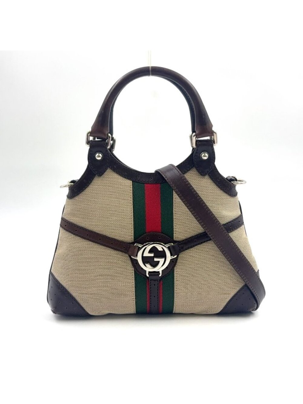 Gucci Interlocking 2-Way Shoulder Leather Canvas Dark Brown Beige Handbag Silver